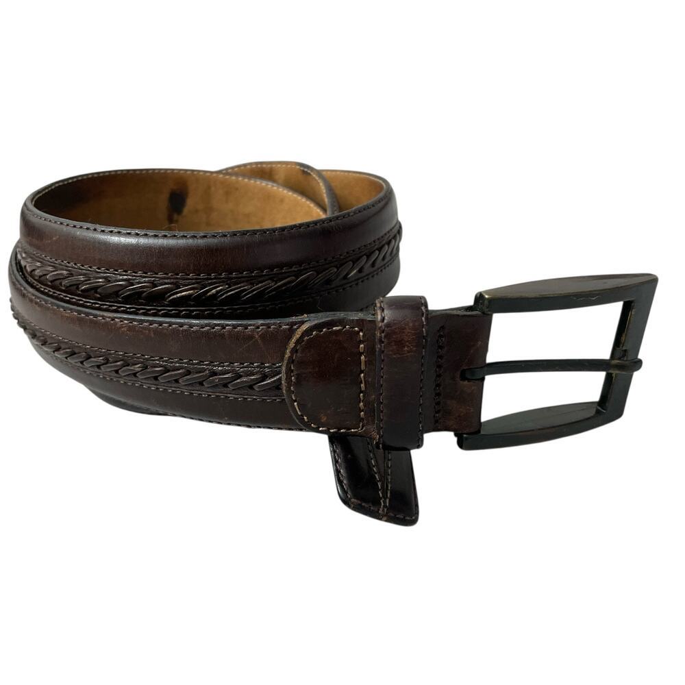 Mezlan Mens Leather Belt Size M Brown Woven Stripe Gunmetal Buckle 1.25in *